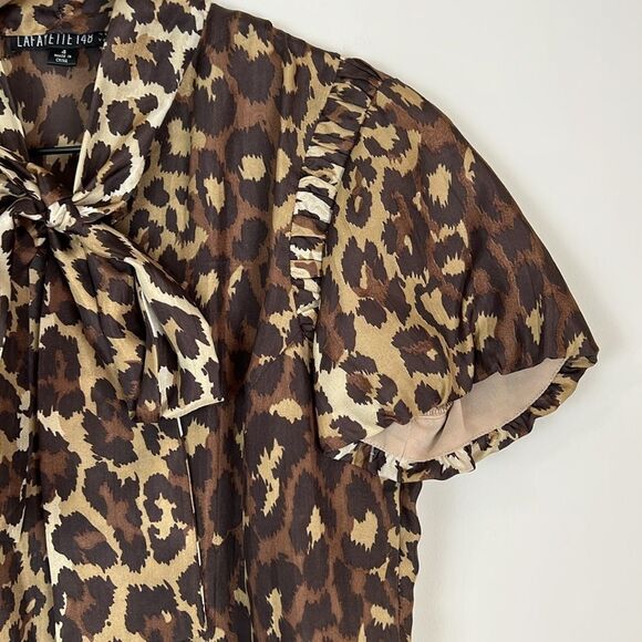 Lafayette 148 New York 100% Silk Blouse Neck Tie Button Down Animal Print Size 4 - Picture 2 of 8
